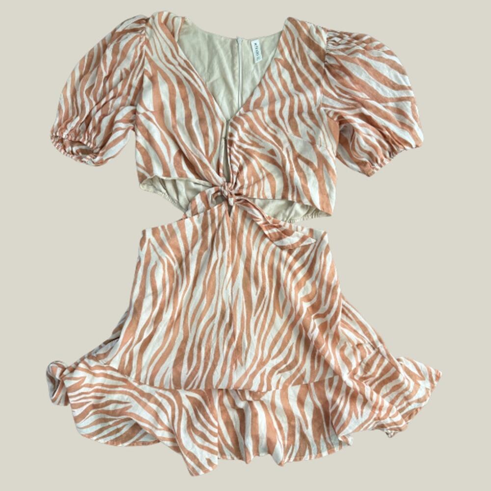 Kivari Zebra Print Puff Sleeve Cutout Mini Dress Size 8 Tie Front Rust Cream